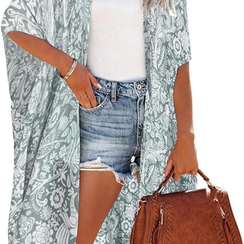 NWT * MOSS ROSE Women's Beach Cover-up BOHEMIAN KIMONO *Green Paisley*  one size